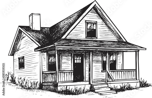 Vintage black and white illustration of a classic house with porch.