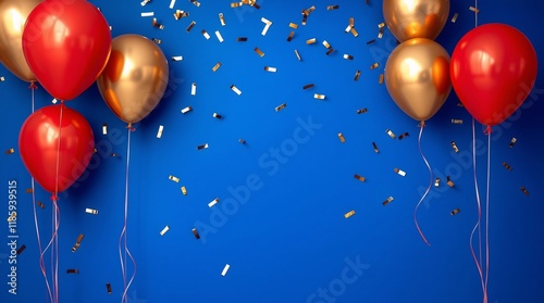 Colorful celebration featuring bright red and gold balloons with scattered confetti, creating a festive atmosphere on a bold blue backdrop