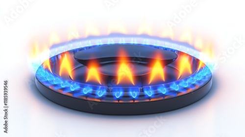 Gas stove burner with blue flames on white isolated background. photo