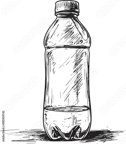 Hand-drawn sketch of a plastic water bottle on white background.