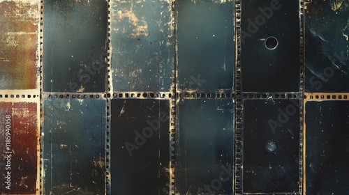 Vertical arrangement of vintage cinema film frames with detailed edge markings and sprocket holes. Template displays authentic photographic negative characteristics including light leaks, dust