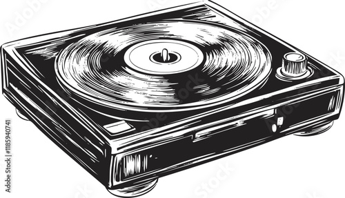 Black and white illustration of a retro turntable with vinyl record.