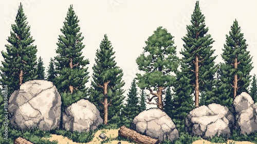 Side-view game sprite sheet showing modular pixel tree and rock assets. Collection includes pine trees, deciduous trees, hollow logs, and geometric rock formations. Each sprite maintains consistent