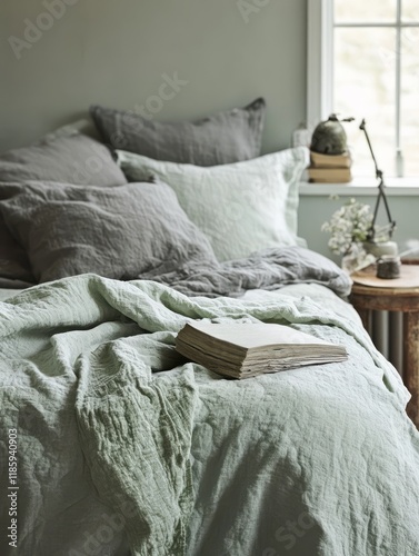 Sage Green Linen Bedding Wi...