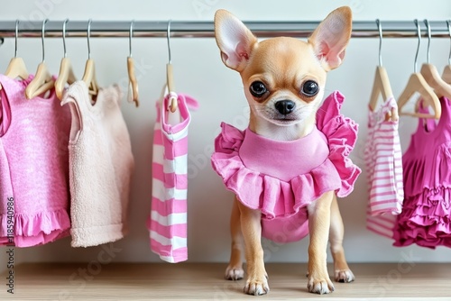 Adorable tiny Chihuahua Dog in a pink dress poses in a closet with baby clothes hanging on hangers.