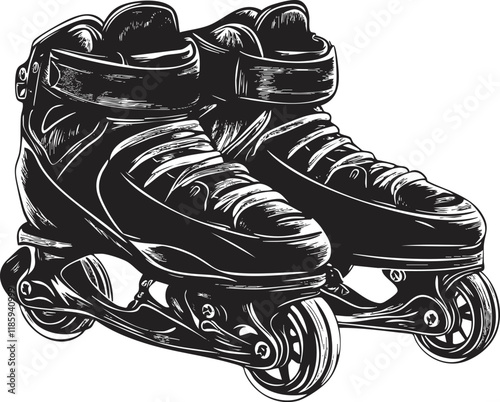 Black and white illustration of inline rollerblades with detailed design.