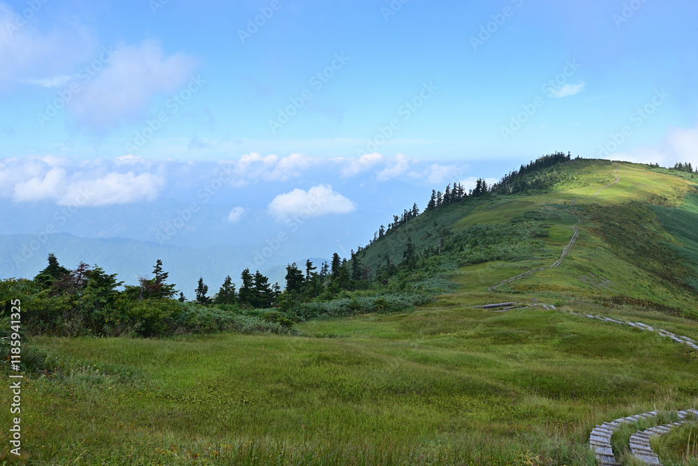 Naklejka premium Climbing Mt. Aizu-Komagatake, Fukushima, Japan