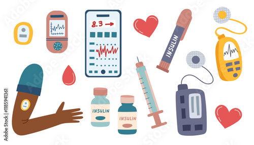 Concept of diabetes control and healthcare. Medical equipment set for measuring sugar level and insulin injections. Insulin pumps, glucometer, phone, insulin, syringe and human hand.