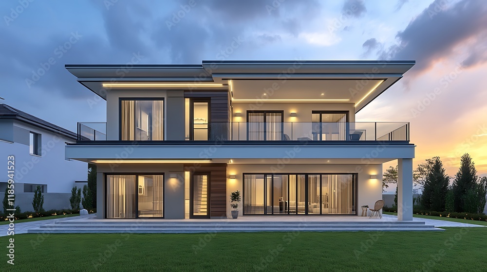 Sleek Modern Two Story House with Lush Lawn and Blue Sky Sleek Modern Two Story House with Lush Lawn and Blue Sky