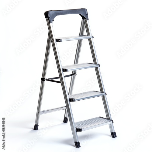 Aluminum step ladder with four steps, white isolated background.