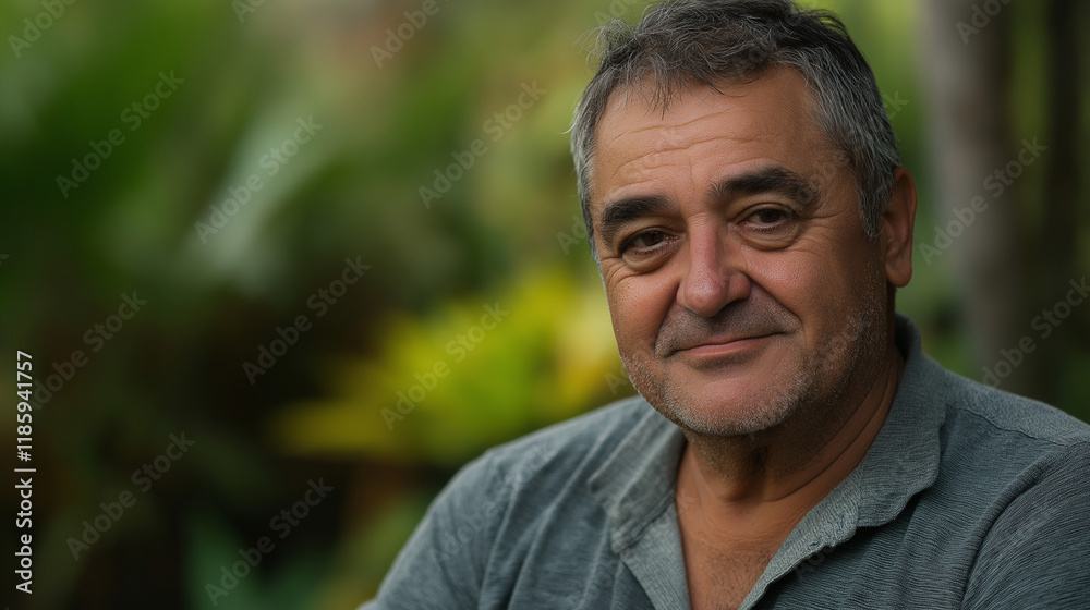 Middle-aged Mediterranean man smiling in casual setting. Perfect for authentic portraits, mature lifestyle, or natural aging content. Middle-aged Mediterranean man smiling in casual setting. Perfect for authentic portraits, mature lifestyle, or natural aging content.