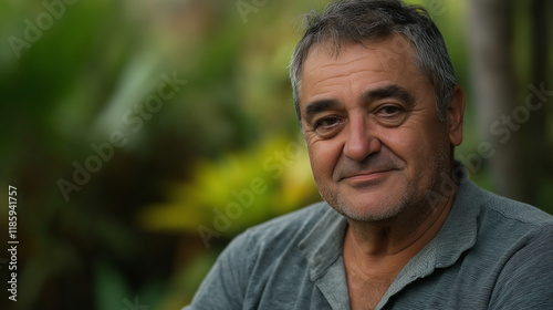 Middle-aged Mediterranean man smiling in casual setting. Perfect for authentic portraits, mature lifestyle, or natural aging content.