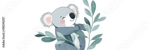 Koala cuddling a green branch in a serene, nature inspired illustration with soft colors and gentle details. Generative AI photo