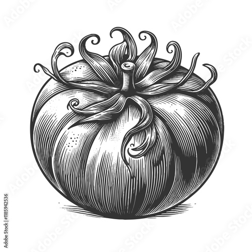 Tomato food plant sketch engraving generative ai vector illustration. Scratch board imitation. Black and white image.