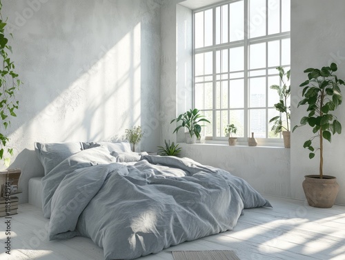 Sunlit Bedroom with Gray Be...