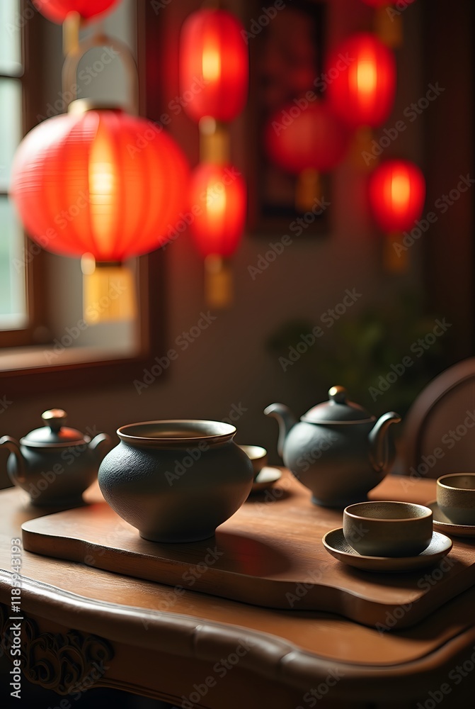 Fototapeta premium Chinese New Year celebration with red cherry blossoms, lanterns, and a teapot ceremony