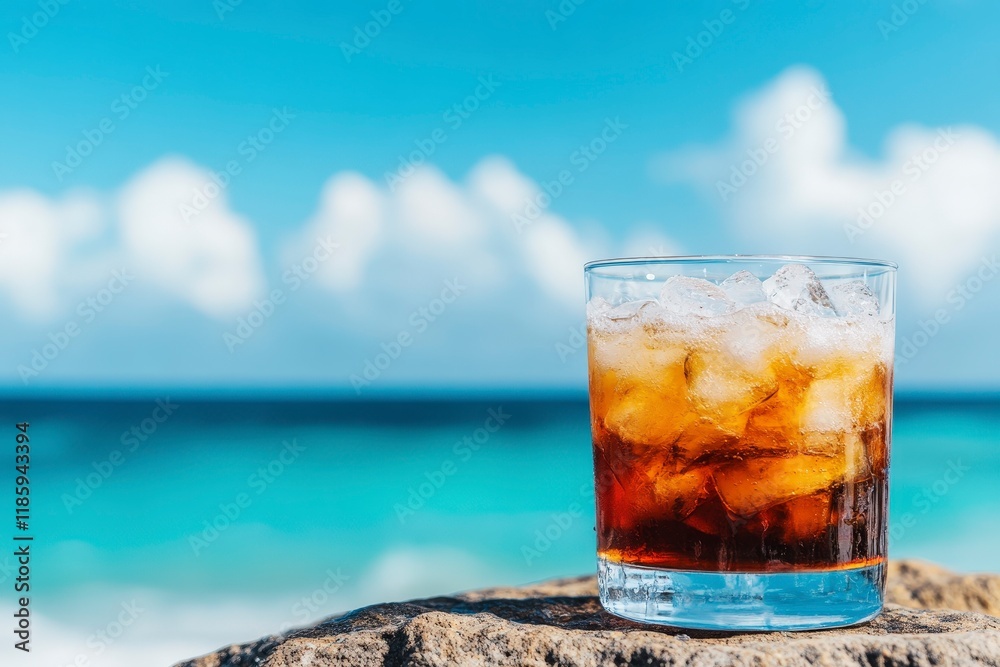 Refreshing Ice-Cold Beverage on Shore with Ocean Background Refreshing Ice-Cold Beverage on Shore with Ocean Background