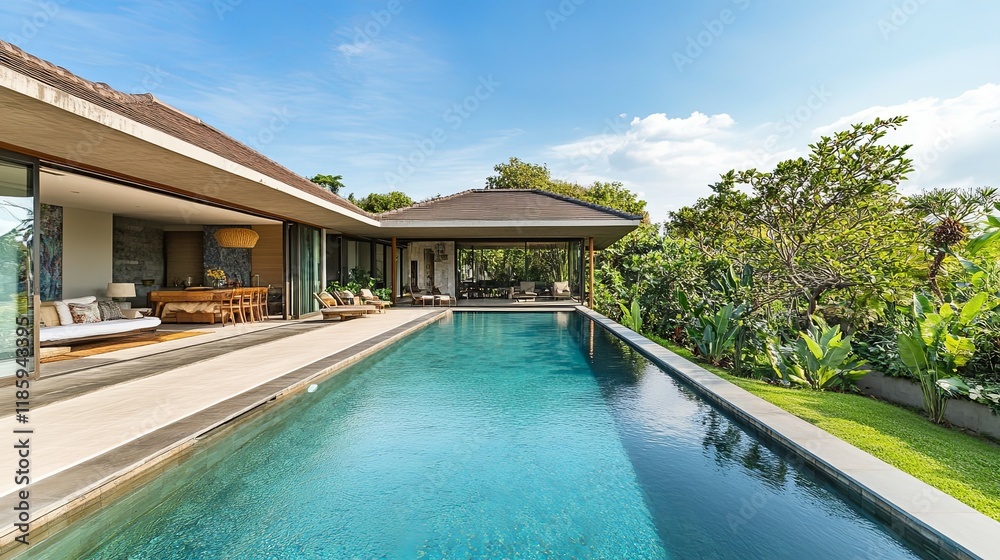 Fototapeta premium Modern corner luxury tropical villa with crystal clear swimming pool