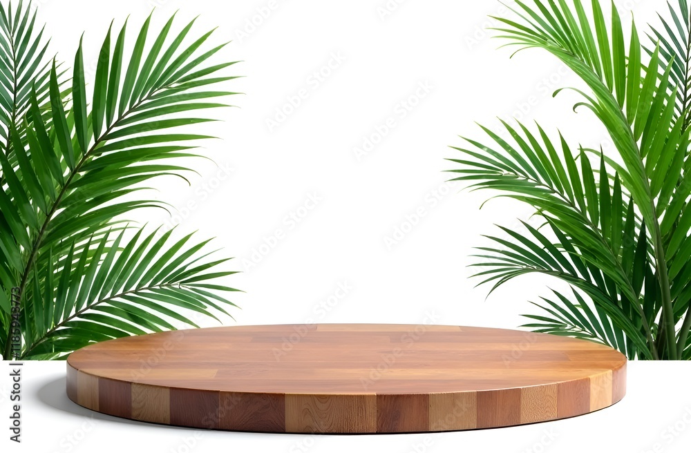 Fototapeta premium wooden podium with palm leaves on background, white background