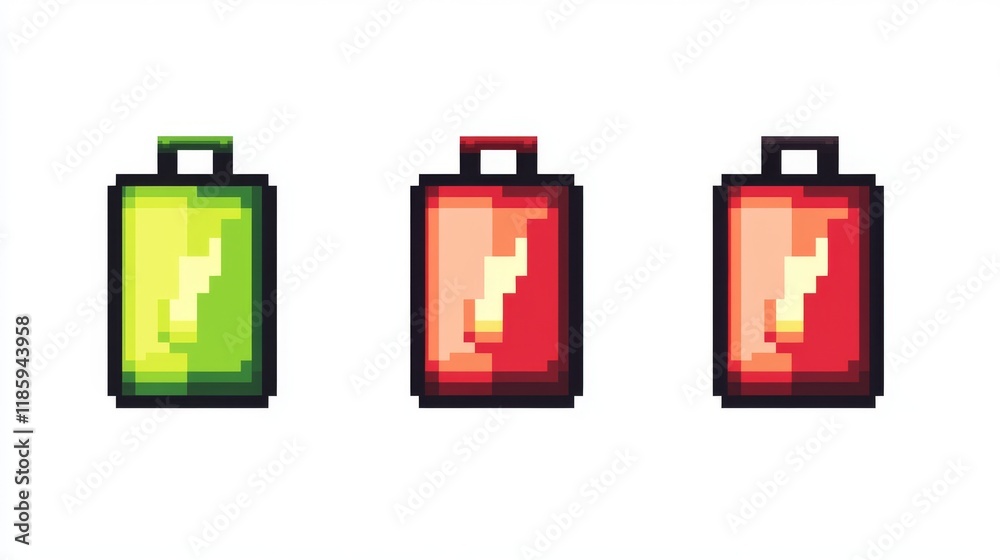 8-bit battery status icons, pixelated energy indicators, retro gaming symbols, neon green to red color progression, minimal geometric design, sharp pixel edges, monochromatic outlines, clean white 8-bit battery status icons, pixelated energy indicators, retro gaming symbols, neon green to red color progression, minimal geometric design, sharp pixel edges, monochromatic outlines, clean white