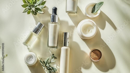 Elegant Display of Organic Skincare Products With Minimalist Aesthetic and Greenery