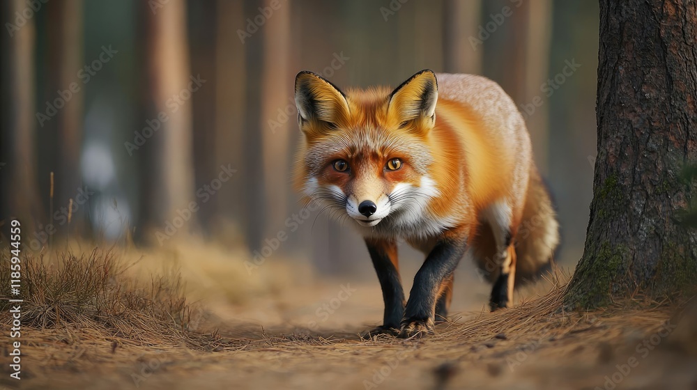 Fototapeta premium A realistic fox walking through a forest path, showcasing its vibrant fur and alert expression.
