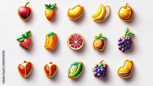 Top-down view of organized slot machine asset collection, professional gaming UI kit, sleek modern interpretation of classic fruit symbols, cohesive color palette with gold accents, soft gradient