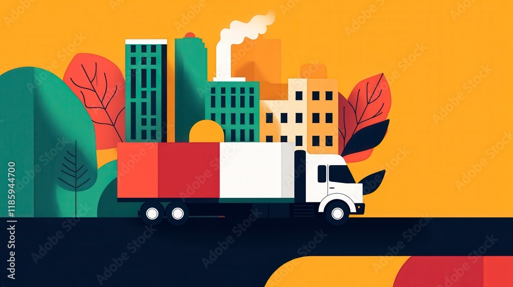 Naklejka premium Colorful Truck Delivery in a Modern Urban Landscape Illustration