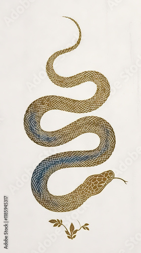 Dragon orSnake illustration design, minimalist, graphic design, clear scales, writhing body, gold foil paper brush marks