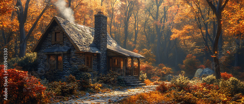 Rustic Stone Cottage in Vibrant Autumn Woods, Real Estate Charm photo