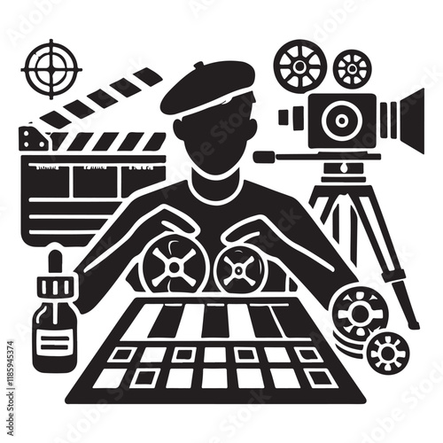 Animator Silhouette Vector Illustration, Solid White Background.
