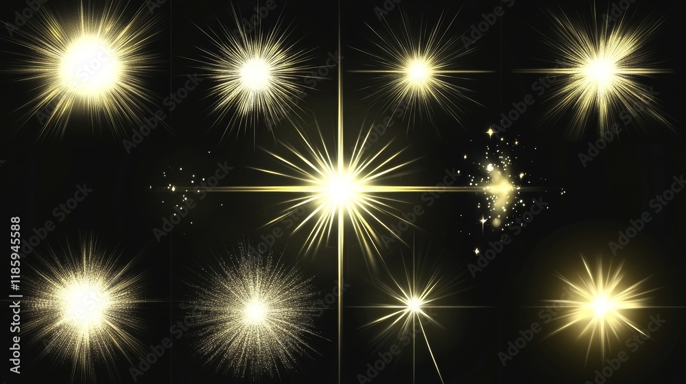 2D light burst animation frames arranged in grid pattern, radiant white glow effect with soft yellow core, dynamic energy rays expanding outward, smooth gradient falloff, clean vector style, high