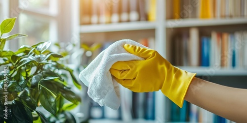 Hand wearing yellow gloves wiping a plant leaf with a cloth.
