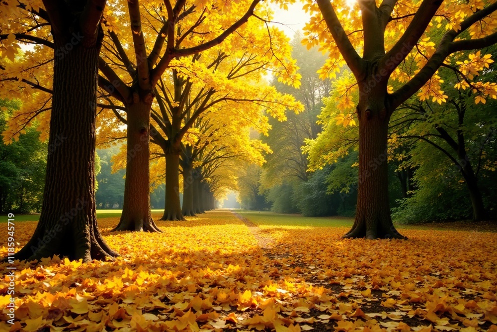 Yellow leaves scattered on the ground under a canopy of trees, nature, trees Yellow leaves scattered on the ground under a canopy of trees, nature, trees