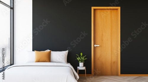 Modern Bedroom Interior with Dark Wall and Wooden Door Design