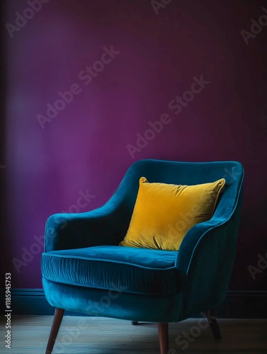 luxury turquoise blue velvet armchair with yellow pillow against dark purple wall, interior design of modern living room in minimalist style