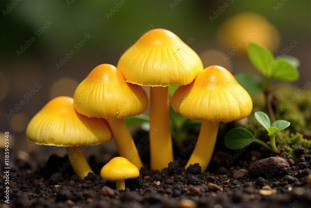 Yellow oyster mushroom caps scattered on the ground, yellow, mushrooms Yellow oyster mushroom caps scattered on the ground, yellow, mushrooms
