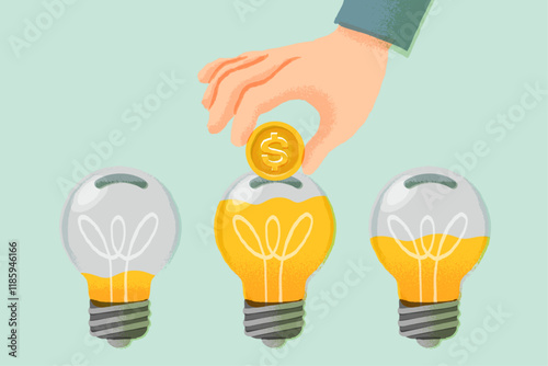 Invest in growth stock concept. Mutual fund or growing money. Businessman dips a coin into a dollar bulb. Economy or rising interest rate. Business flat vector illustration