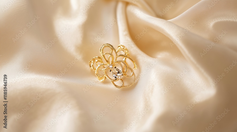 A Close up of a Gold Ring Sitting on Top of a Satin Sheet - Generative AI A Close up of a Gold Ring Sitting on Top of a Satin Sheet - Generative AI