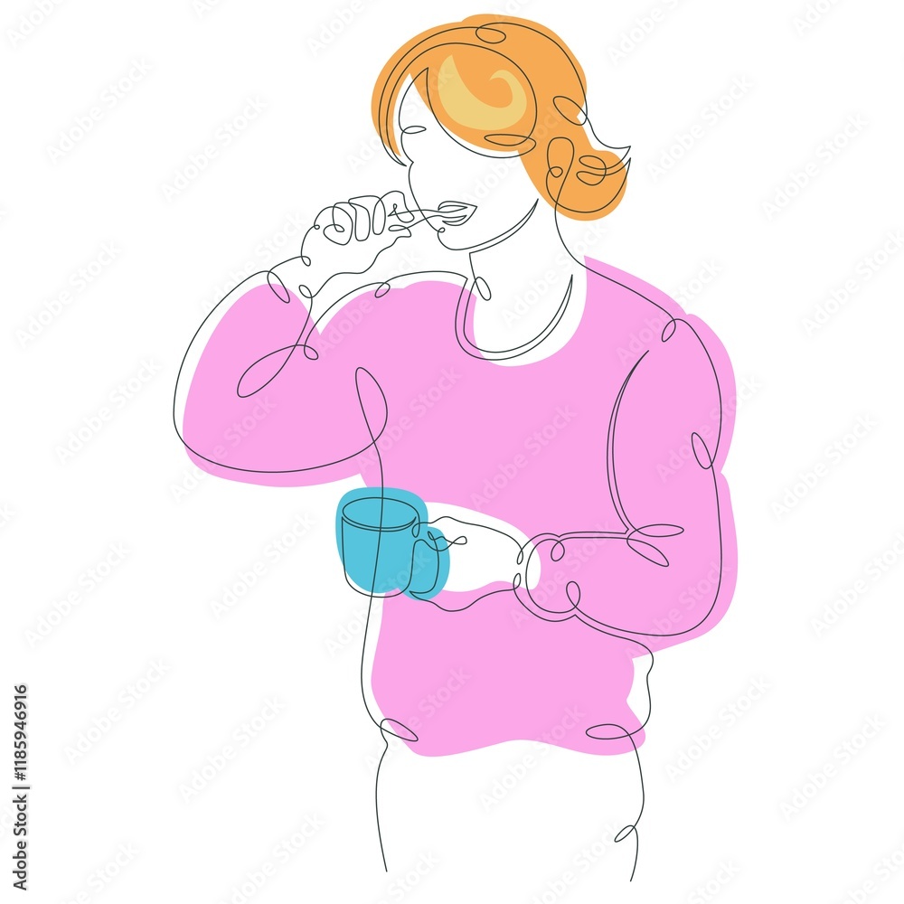 One continuous line drawing young woman squeezes toothpaste out of a tube. Teenage blonde brushes her teeth .Vector doodle illustration