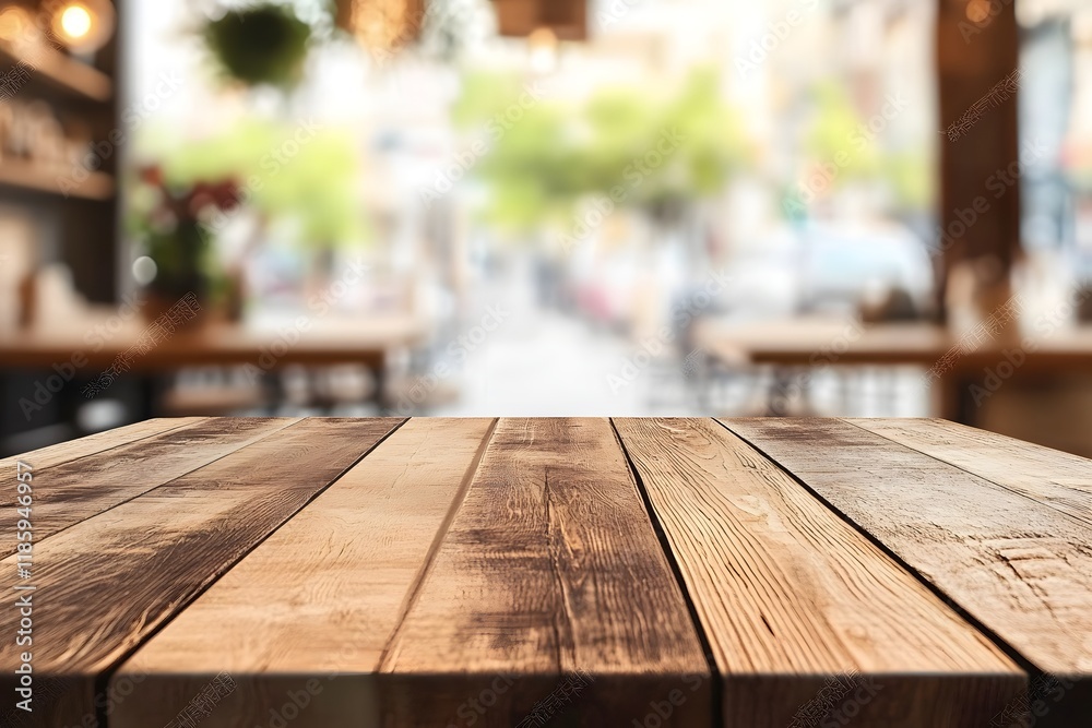 Empty wooden table, cafe backdrop, city street view, product display Empty wooden table, cafe backdrop, city street view, product display