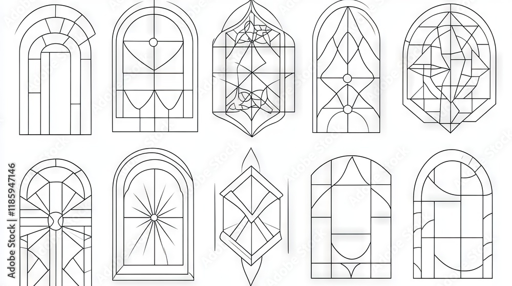 Contemporary linear frame set, delicate black outlines, architectural arch shapes, intersecting elliptical forms, minimal star decorations, rounded rectangle frames, clean geometric patterns, Contemporary linear frame set, delicate black outlines, architectural arch shapes, intersecting elliptical forms, minimal star decorations, rounded rectangle frames, clean geometric patterns,