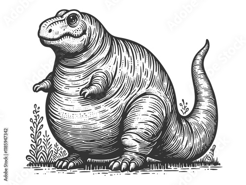 plump fat dinosaur body positive chubby T-rex body, showcasing unique, retro-inspired artwork sketch engraving generative ai vector illustration. Scratch board imitation. Black and white image.