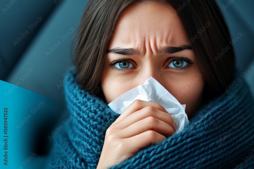 Woman in a blue scarf holding a tissue close to her face with a worried expression. Woman in a blue scarf holding a tissue close to her face with a worried expression.
