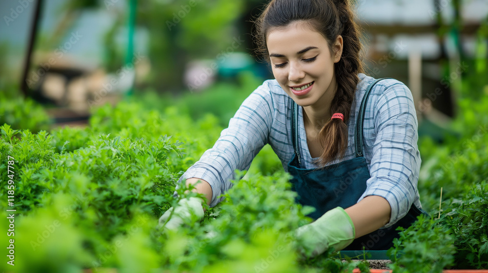 Woman tending to plants in greenhouse garden. Great for agriculture, sustainable farming, and organic cultivation. Woman tending to plants in greenhouse garden. Great for agriculture, sustainable farming, and organic cultivation.