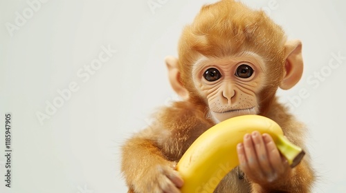 A plush baby monkey holding a banana, isolated on a white background, showing soft fabric texture. photo