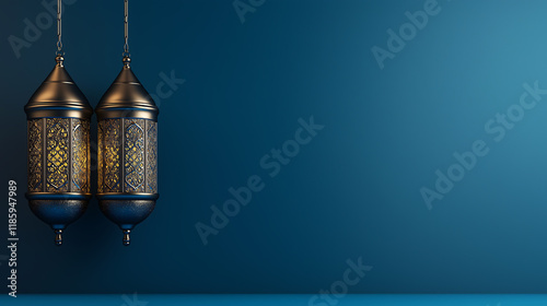 3d render arabic lanterns against blue backdrop, ample space for text, generative ai