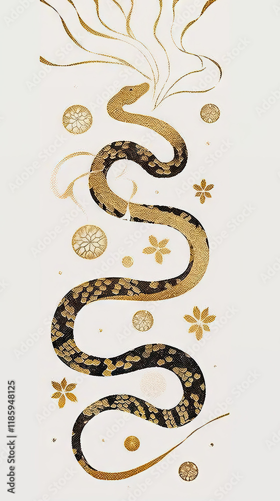 Obraz premium Golden Dragon or Golden Snake illustration design, minimalist, graphic design, clear scales, writhing body, white background, gold foil paper brush marks