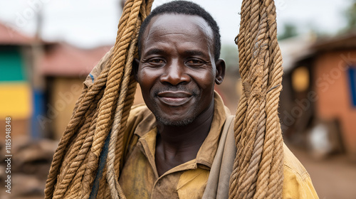 Happy African worker with ropes in traditional setting. Great for manual labor, authentic work life, and cultural diversity. photo