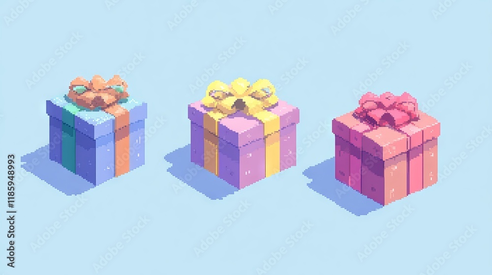 8bit present boxes collection, multicolored wrapped gifts, classic gaming aesthetic, minimalist pixel design, sharp edges, vintage arcade style, digital art